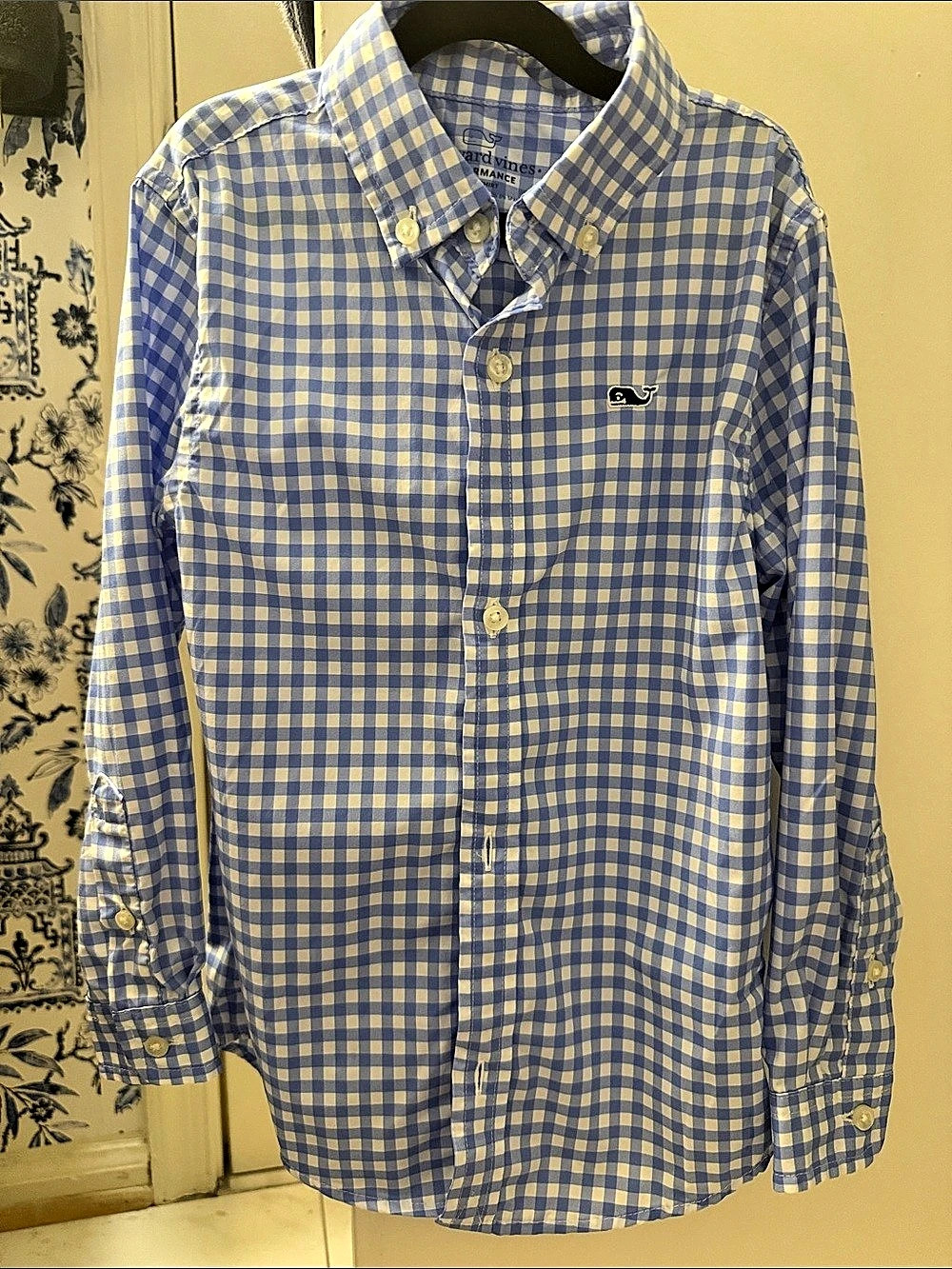 Vineyard Vines Performance Whale Shirt Gingham Blue & White Size 4T